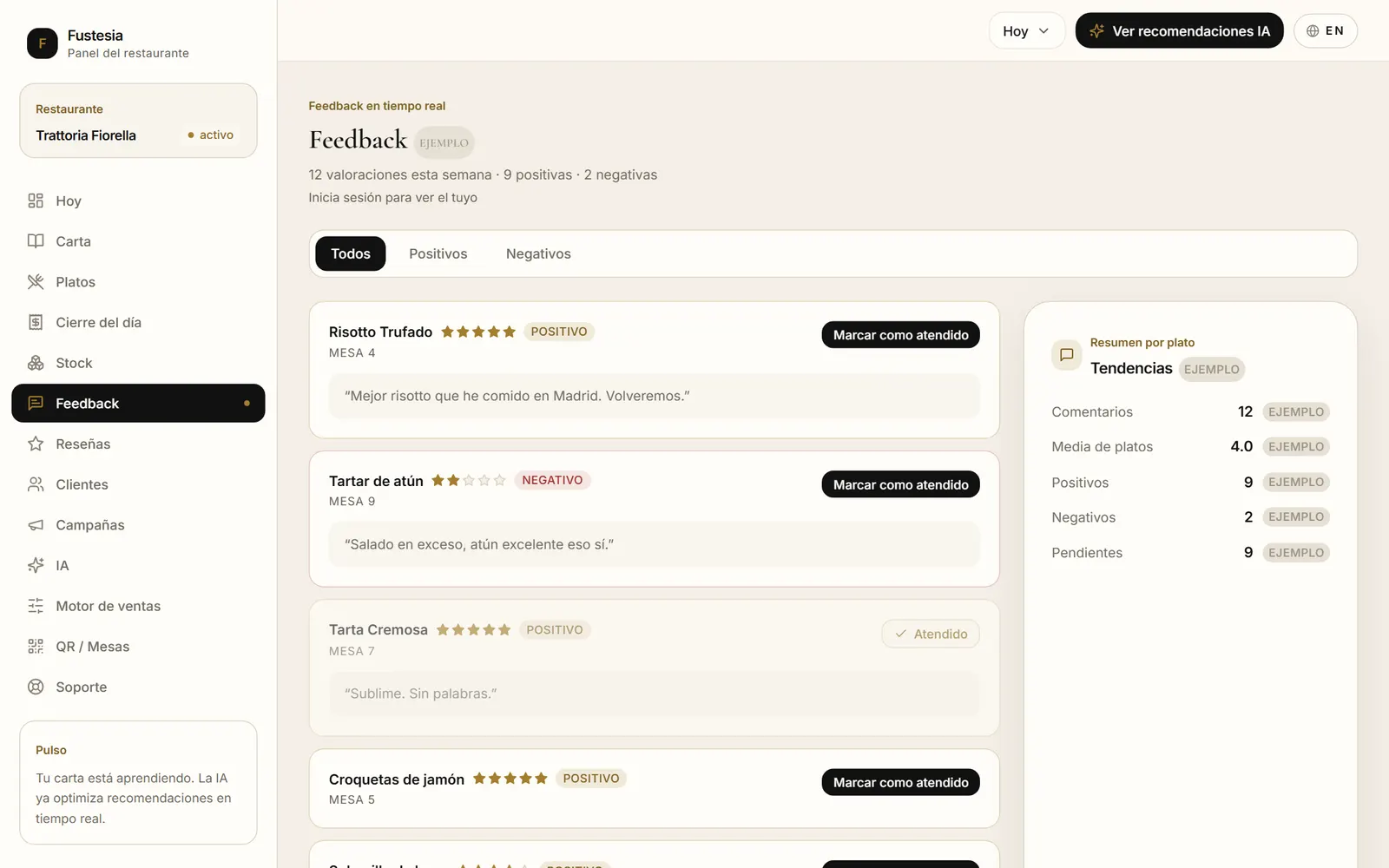 Pantalla Feedback: valoraciones privadas por plato y por mesa
