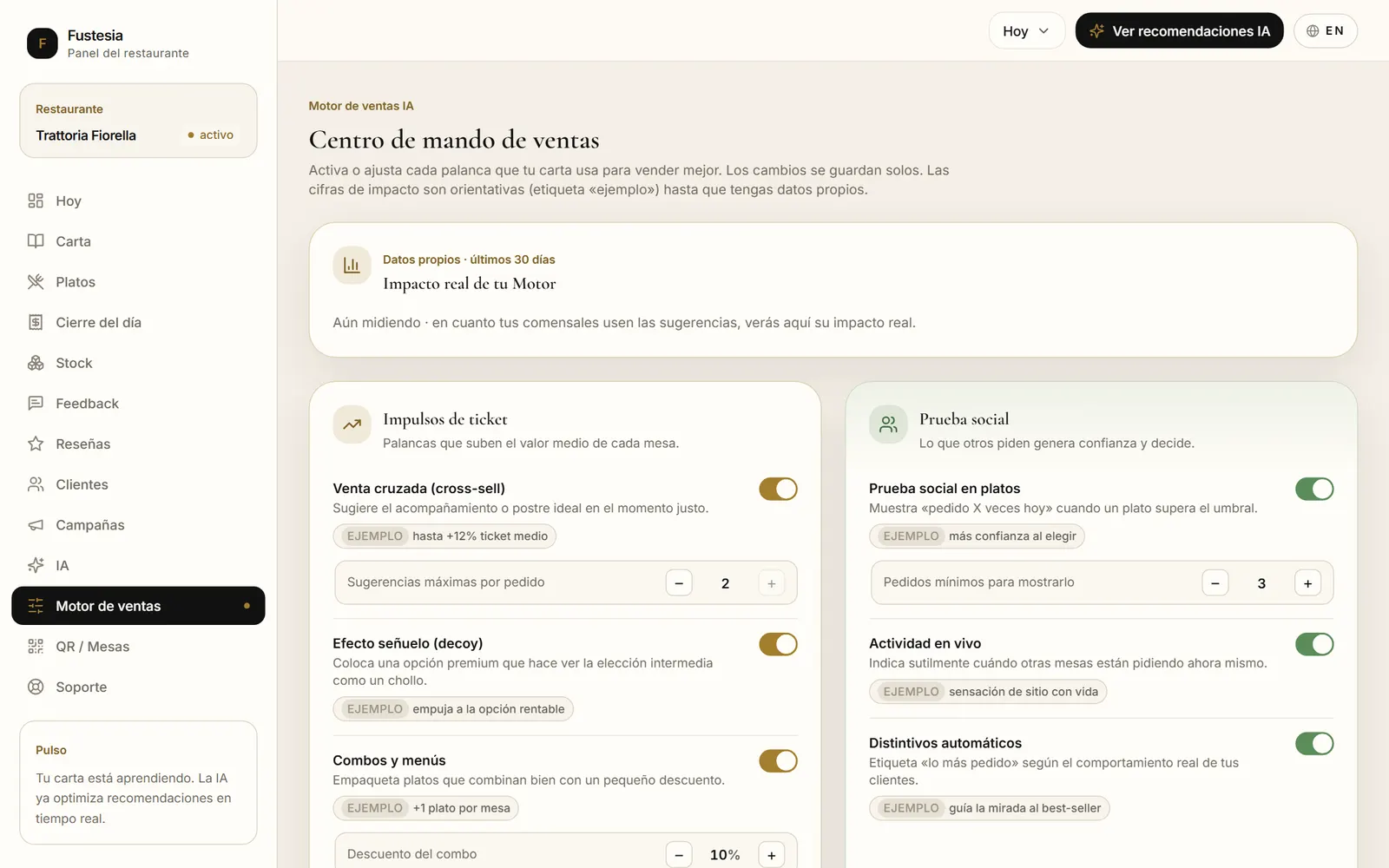 Pantalla Motor de ventas: interruptores de cada impulso de venta